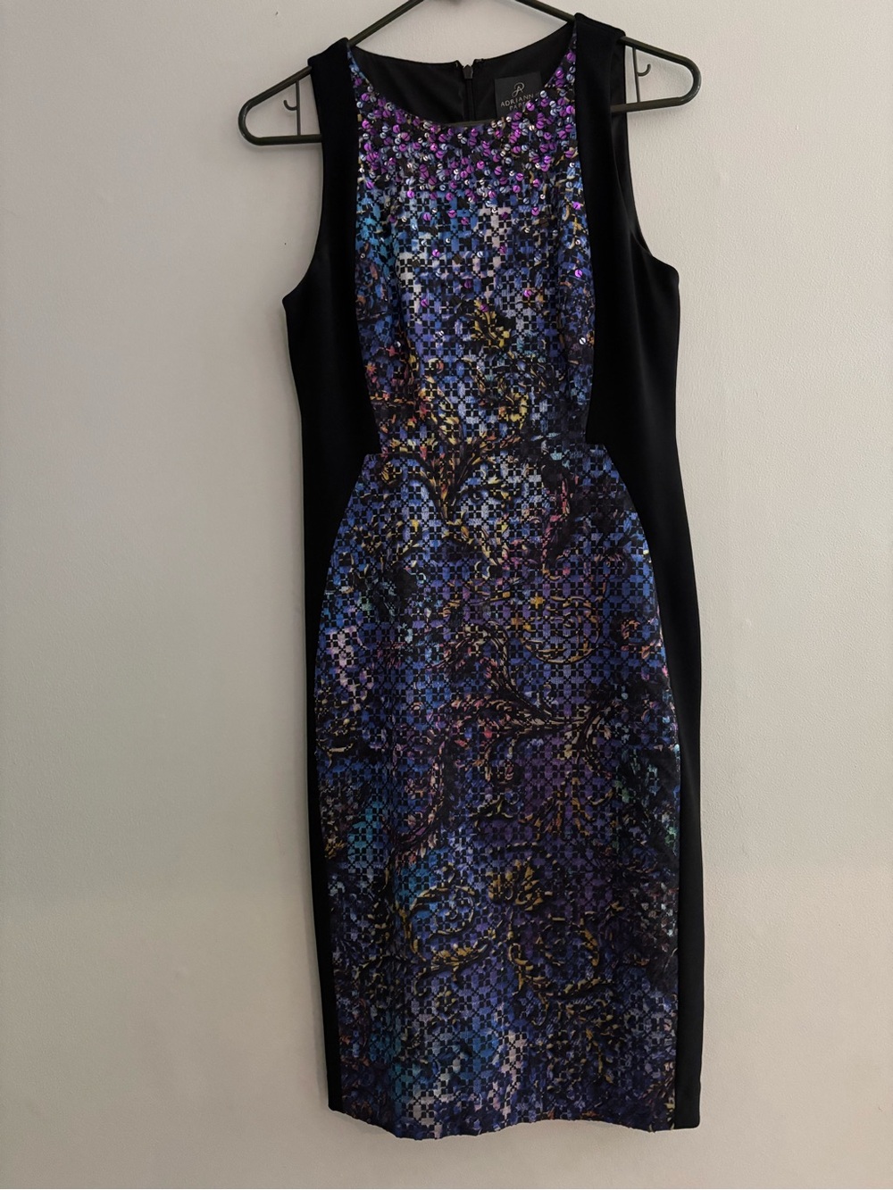 Adriana Papell Sleeveless Black Cocktail Dress Purple Blue Floral Panel Size 4
